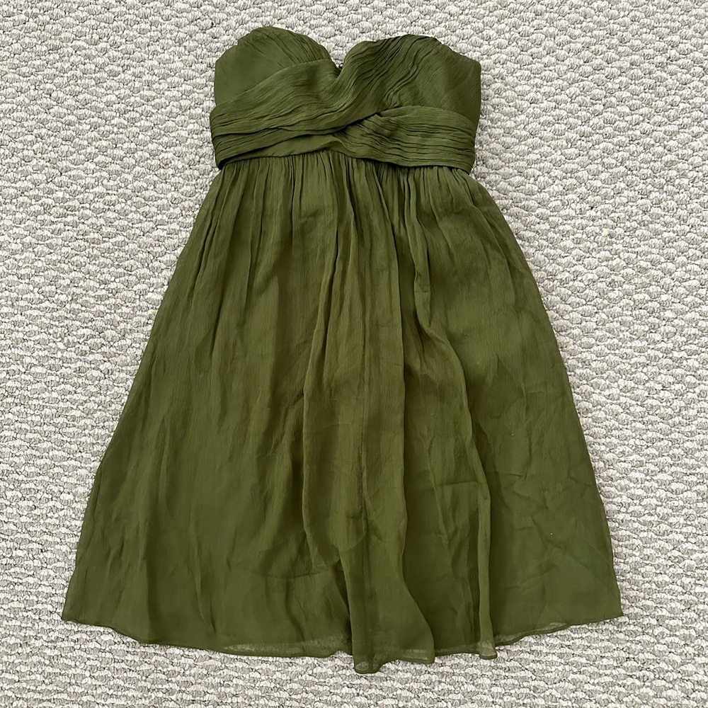 J Crew “Taryn” dress, strapless silk chiffon mini cocktail dress in olive green